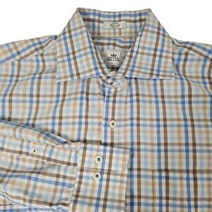 Peter Millar Mens Large 100% Cotton Brown, Blue, White Gingham Check Long Sleeve